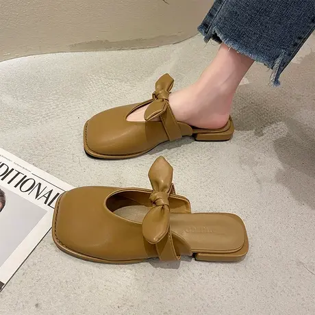 芒果头半拖鞋女外穿2024春夏新款温柔风蝴蝶结包头平底半托凉鞋女商品大图