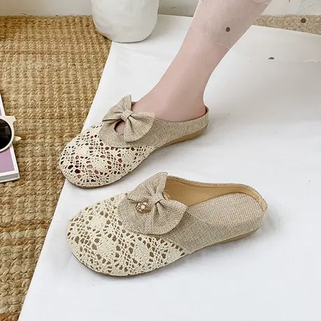 复古渔夫包头拖镂空网面半拖鞋女2023春夏季亚麻懒人外穿凉拖鞋女商品大图