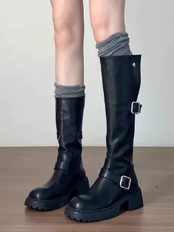 2023新款秋冬不过膝长靴子女长筒靴小众厚底黑色高筒骑士靴小个子商品大图