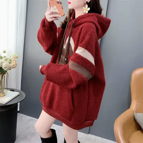 中长款红色羊羔毛加绒加厚卫衣外套女2023年新款秋冬宽松减龄上衣图片