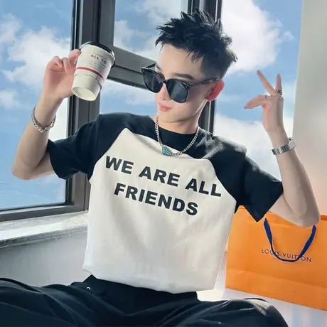 夏季男士t恤上衣短袖拼色半袖修身潮流潮牌网红简约字母ins体恤商品大图