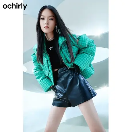 【呼呼严选专享】欧时力羽绒服女新款冬装立领两穿棋盘格时尚外套商品大图