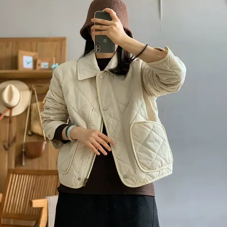 dza 复古宽松短款菱格包边棉衣外套女冬翻领休闲棉服口袋棉袄上衣图片