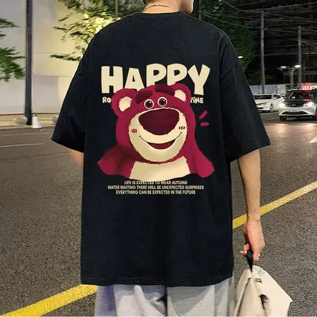 卡通草莓小熊短袖t恤男夏季2023新款宽松上衣纯棉打底衫潮牌体恤商品大图