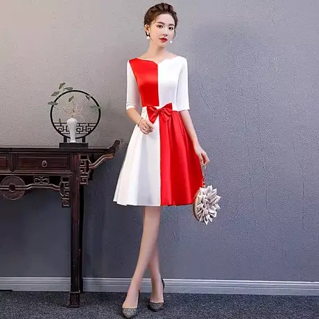 小晚礼服裙女白色礼仪服装颁奖演讲比赛朗诵合唱团演出服主持人女图片