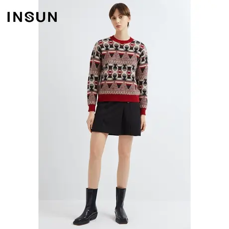 INSUN恩裳春季浣熊绒艺术几何圆领毛衣图片