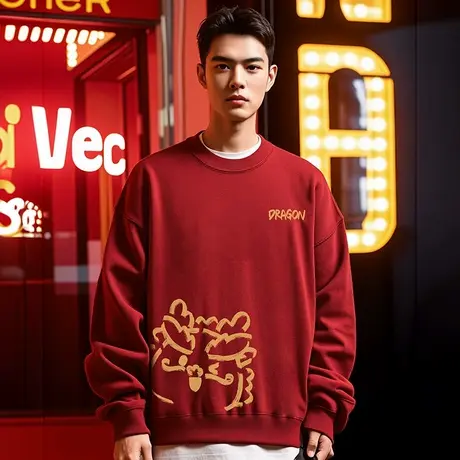 大码加绒圆领打底衣服国潮蛇年本命年酒红色情侣潮牌宽松卫衣男士图片