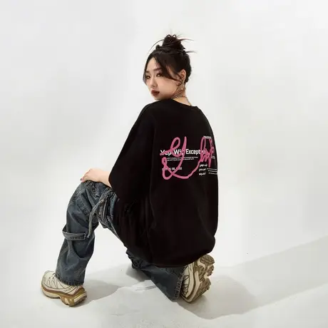 YEP黑色发泡印花短袖t恤女2024春夏新款潮牌打底衫宽松情侣装上衣商品大图