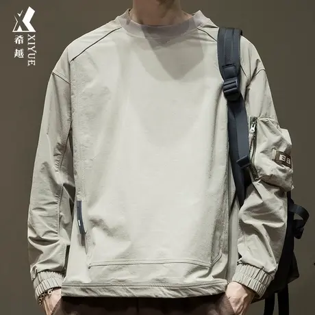 希越美式潮牌男士打底衫宽松大码圆领长袖T恤2024春季新款上衣服商品大图