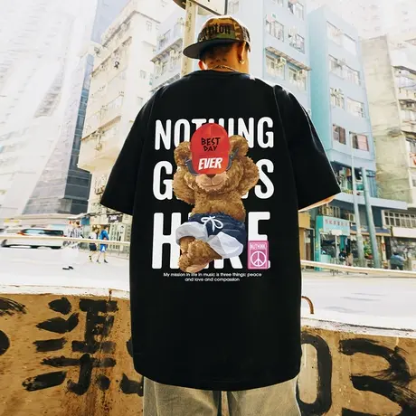 欧美潮牌宽松小熊t恤男潮流ins情侣短袖男款加肥加大夏季半袖上衣商品大图