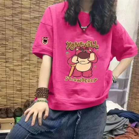 纯棉拼接短袖T恤女春夏2024百搭新款宽松休闲小熊半袖体恤上衣ins商品大图