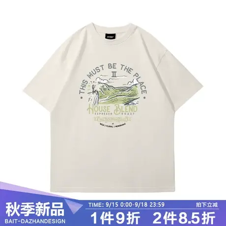 美式复古山脉胶印短袖T恤男女夏季潮牌情侣多色半袖纯棉cec上衣女商品大图