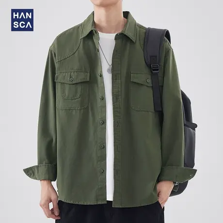 hansca工装翻领长袖衬衫男春季新款日系复古纯色宽松休闲衬衣外套图片