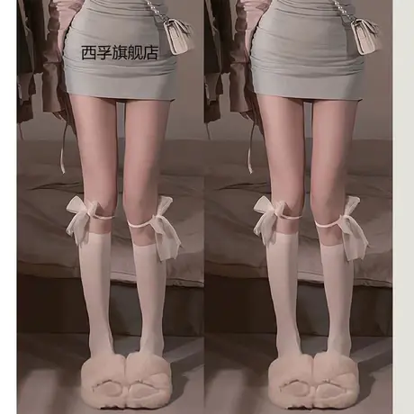 白色jk蕾丝袜拼接中筒袜子女春夏季薄款白丝袜蝴蝶结lolita小腿袜商品大图