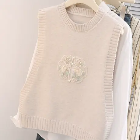 刺绣钉珠新中式国风针织马甲背心女春装新款宽松外穿马夹毛衣坎肩图片