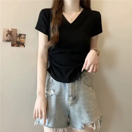 小个子短款褶皱收腰短袖T恤女夏装韩版修身显瘦V领正肩上衣体恤潮商品大图