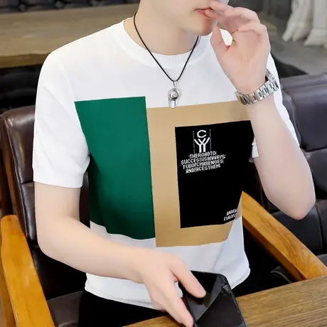 短袖夏季冰丝针织T恤男拼接撞色创意设计感刺绣时尚帅气男款夏装t商品大图