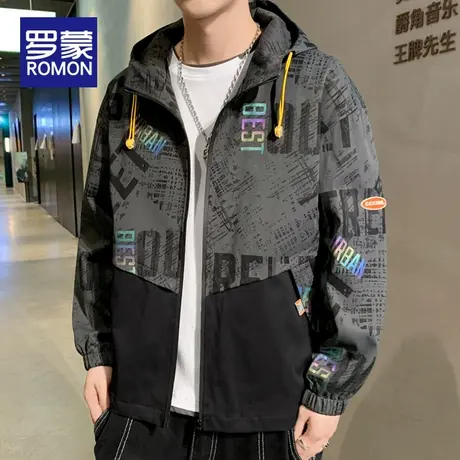 罗蒙外套男春秋款2023新款连帽宽松上衣拼接男士秋季休闲夹克男款商品大图