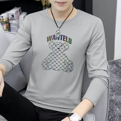 莫代尔长袖t恤男秋装上衣服小熊印花潮流小衫圆领内搭打底衫秋衣商品大图