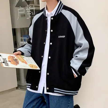 潮牌ins美式棒球服男秋冬季港风宽松复古开衫夹克单排扣休闲外套商品大图