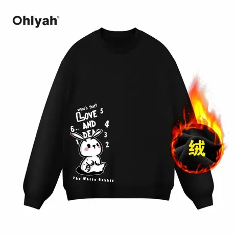 Ohlyah黑色圆领卫衣女秋冬2023年新款卡通兔子oversize加绒上衣商品大图