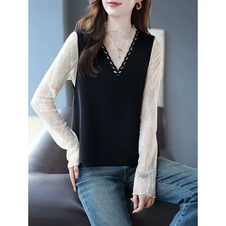 宝诗黎V领钉珠马甲背心时尚百搭叠穿上衣女2023秋季新款无袖坎肩商品大图