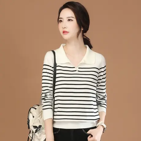 韩潮袭人POLO领长袖条白色纹针织衫上衣女2023秋新款百搭显瘦毛衣商品大图
