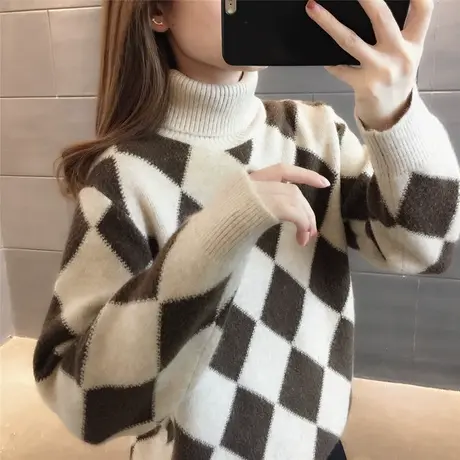 高领毛衣针织打底衫2023冬季新款格子个性百搭洋气打底上衣女士新图片
