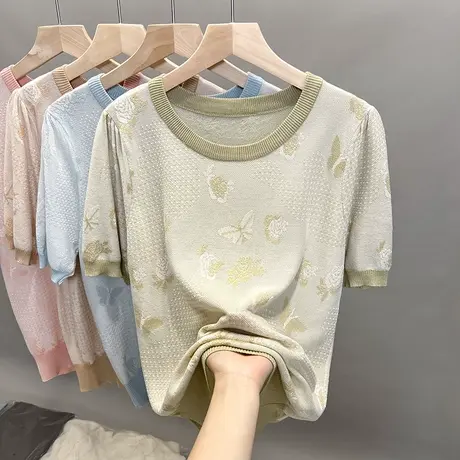 圆领泡泡袖冰丝针织衫2023春夏秋新款外穿上衣薄款短袖t恤衫潮商品大图