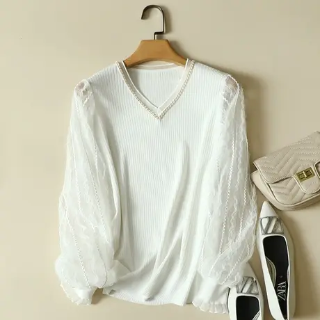 秋装2023年新款雪纺袖冰丝针织衫女长袖宽松上衣洋气蕾丝打底衫女图片