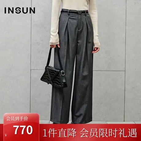 恩裳2023秋季新款舒适丝毛混纺前中打褶立体裁剪舒适直筒阔腿裤女图片