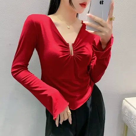 初秋新款性感V领T恤女长袖设计感不规则高腰上衣网红内搭打底衫潮商品大图