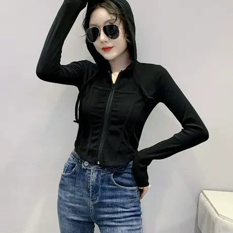 欧货连帽卫衣女春秋2023新款高腰短款外套设计感拉链开衫上衣长袖图片