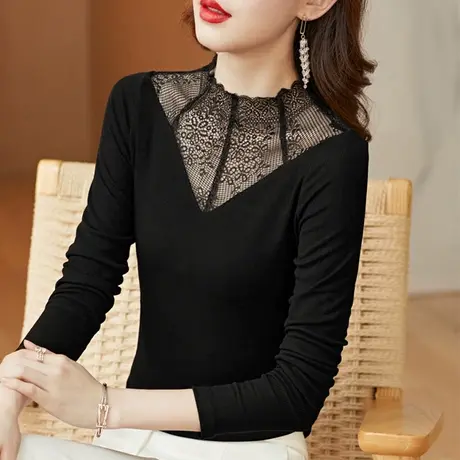 莫代尔半高领打底衫女2023春秋新款内搭蕾丝镂空小衫洋气长袖上衣商品大图