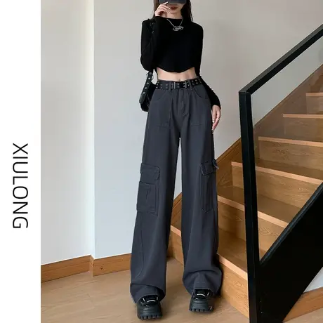 水泥灰工装牛仔裤女春秋季2023新款美式高街显瘦宽松休闲阔腿裤子图片