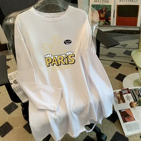 韩国白色打底衫女秋季洋气宽松圆领内搭纯棉t恤女百搭长袖上衣潮商品大图