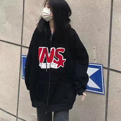 美式复古hiphop卫衣女春秋薄款潮牌ins连帽上衣开衫外套oversize图片