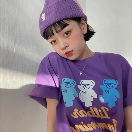 红续卡通小熊印花纯棉宽松短袖T恤女韩版ins新款夏季学生百搭上衣图片