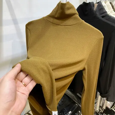 欧货高领加薄绒坑条长袖T恤女2022秋冬新款洋气内搭打底衫上衣厚图片