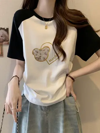 仿棉短袖t恤女2023新款夏季小众设计冷淡系高级感撞色正肩上衣服商品大图