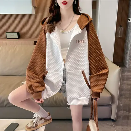 早春装连帽卫衣女春秋季韩版宽松初春薄款小个子华夫格开衫外套潮图片