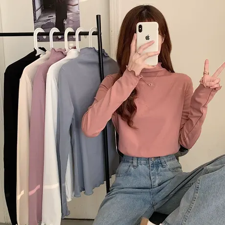 半高领木耳边打底衫女秋冬内搭洋气韩版加绒长袖t恤2022早春上衣图片