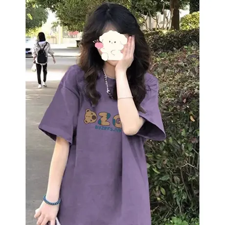 紫色纯棉短袖t恤女夏季2023新款港风chic美式复古宽松小个子上衣商品大图