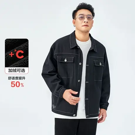 半墨大码翻领休闲夹克经典善恶贴标拼接口袋加肥加大肥佬牛仔外套商品大图