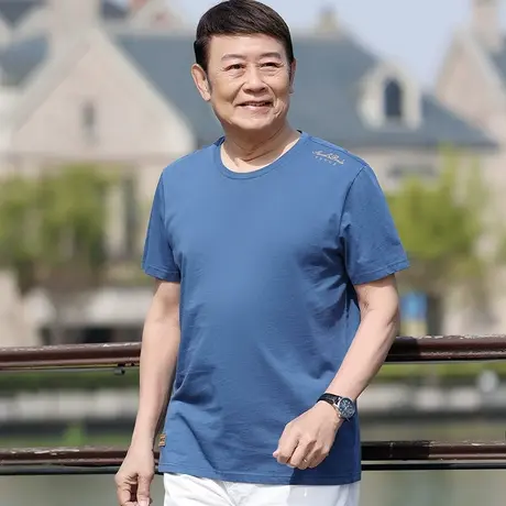 爸爸夏装短袖t恤圆领纯棉夏季薄款中老年人男士宽松半截袖体恤衫商品大图