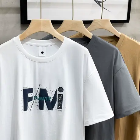 日系潮牌刺绣短袖t恤男夏季美式高街痞帅冰丝重磅休闲落肩五分袖商品大图