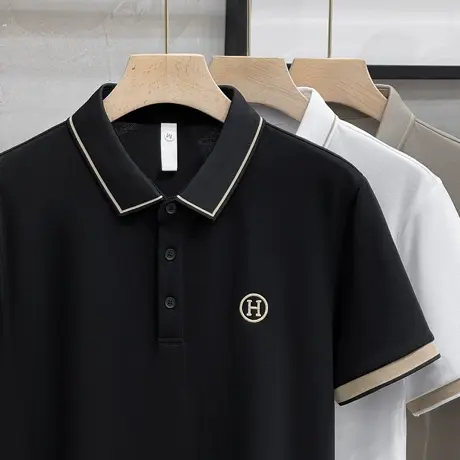 轻奢级金线条纹冰丝polo衫男士短袖修身商务休闲字母刺绣翻领t恤图片
