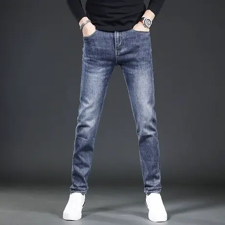 香港潮牌牛仔裤男秋冬季新款潮流修身小脚蓝灰色弹力男士裤子厚款商品大图