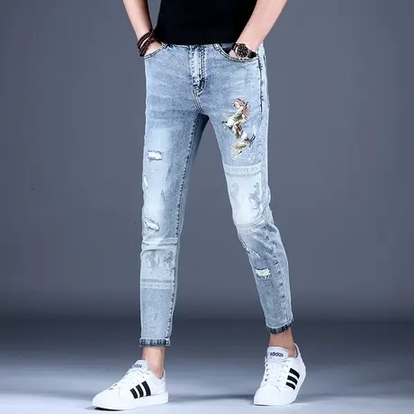 破洞印花九分牛仔裤男款修身小脚弹力裤子2023新款休闲9分裤潮牌商品大图