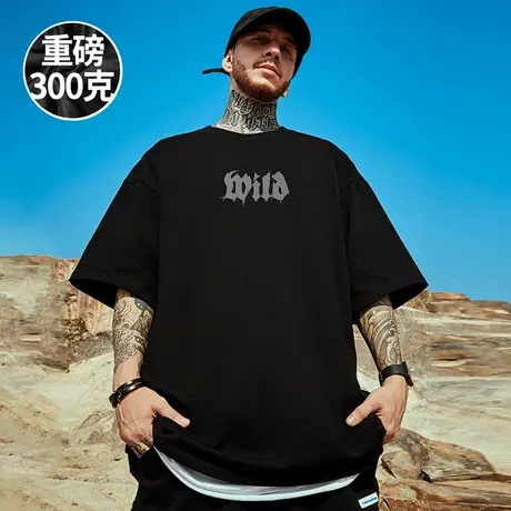 300g重磅美式字母印花短袖t恤街头大码男装黑色圆领纯棉简约半袖商品大图